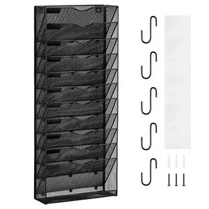 Wall File Rack System With 12 Mesh Pockets, One-Piece Wall Mounted Organizer For Magazines, Mail, Papers And Documents, Durable Metal Construction, Includes Nametag Label Holder, Ideal For Office, Home, School