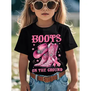 Girls' Breast Cancer Awareness Western Cowgirl T-Shirt - Pink Boots & Ribbon Design, Soft Stretchy Kids Top for Western-Themed Events, Casual Attire - Support Cause with Casual Outfit (Girls 4-12 Years) - Easy-Care Machine Washable