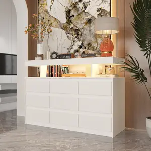 FUFU&GAGA 9 Drawers Dresser with Power Outlet, Accent Chests of Drawers with LED Light, Modern White Storage Dresser with Charging Station