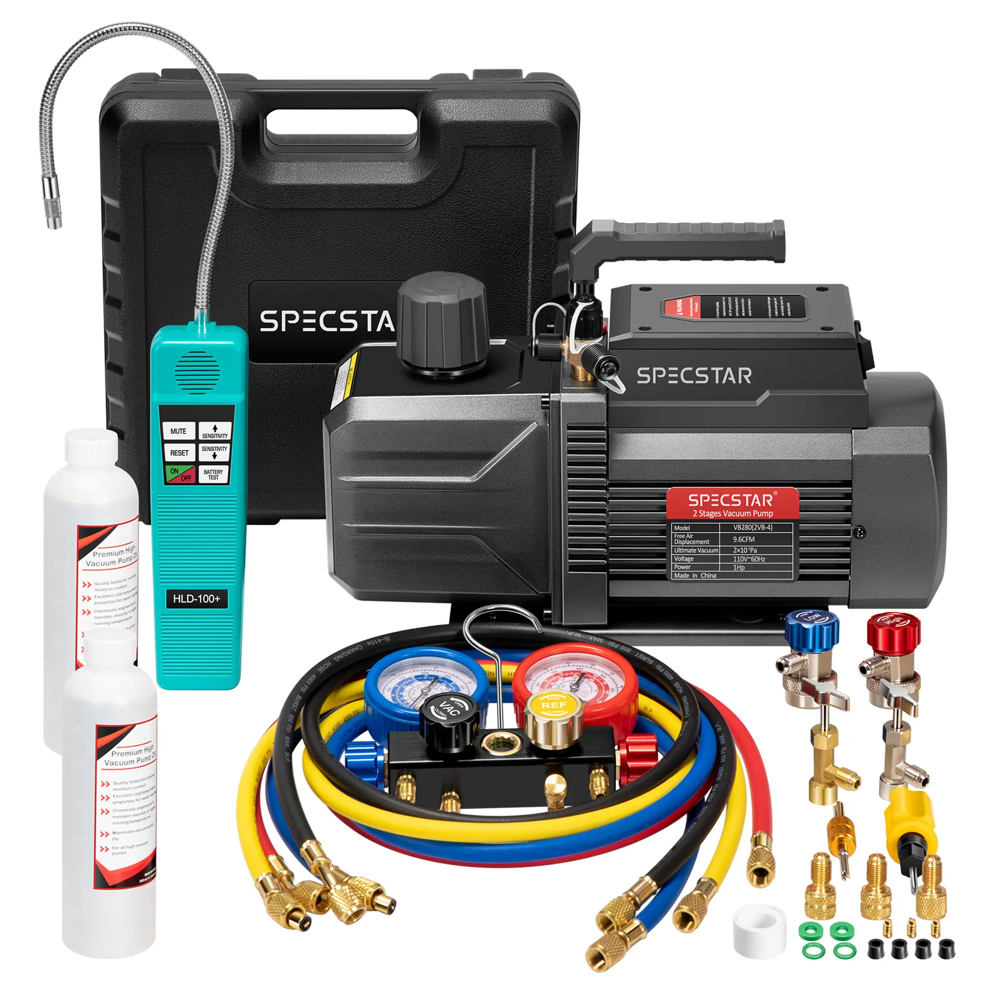 VIVOHOME 110V 1 HP 9.6CFM Dual Stage HVAC Vacuum Pump and 4 Way AC Manifold Gauge Set Kit with Leak Detector 5ft Hoses for R134a R12 R22 R502 R410a Air Conditioning Refrigeration Recharging