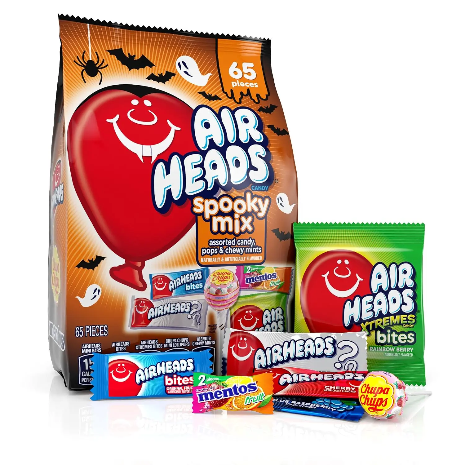 Airheads, Mentos, Chupa Chups Halloween Spooky Candy Mix, 65 Count Bag | Variety Pack Includes Bars, Bites, Xtremes, Lollipops & Chewy Mints, Trick or Treat, Individually Wrapped, Bulk Candy