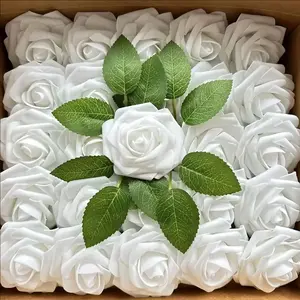 25pcs/Lot High-Grade White PE Rose Artificial Flower Head With Stem DIY Bouquet Wedding Party Decoration Scrapbook Supplies