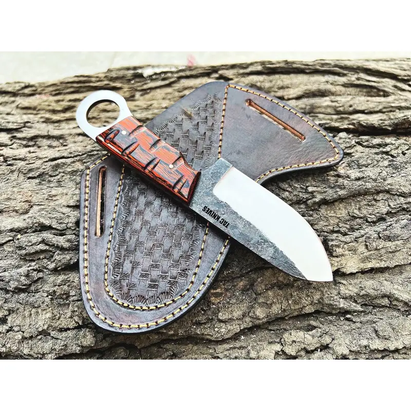 Cowboy Skinner Hunting Knife, 7-Inch Full Tang Fixed Blade in 1095 High Carbon Steel with Orange Pakka Wood Handle and Pancake Leather Sheath, Cowboy Stuff
