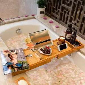 Bath Caddy Tray for Bathtub - Bamboo Adjustable Organizer Tray for Bathroom with Free Soap Dish Suitable for Luxury Spa or Reading Gift Antique Gift Antique