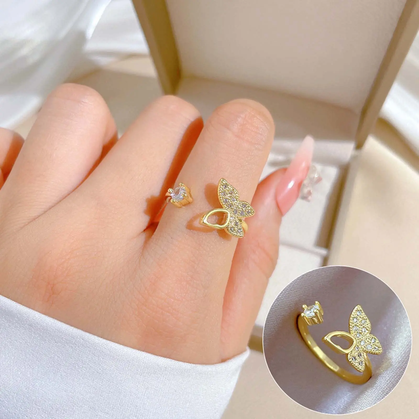 Hollow Butterfly Zircon Fashion Ring, Golden Open Adjustable Dainty Index Finger Jewelry Accessory, Fashion Rings, Dainty Ring