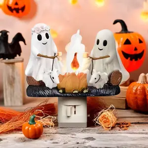 Hand Made Ghost Campfire Flickering Nightlight-Indoor Decorations,3D LED Small Electric Faux Campfire Night Light，2025 Ghost Roasting At Campfire Nightlight, Faux Campfire Night Light Plug into Wall,Spooky Fire Marshmallow Night Light Halloween Gifts