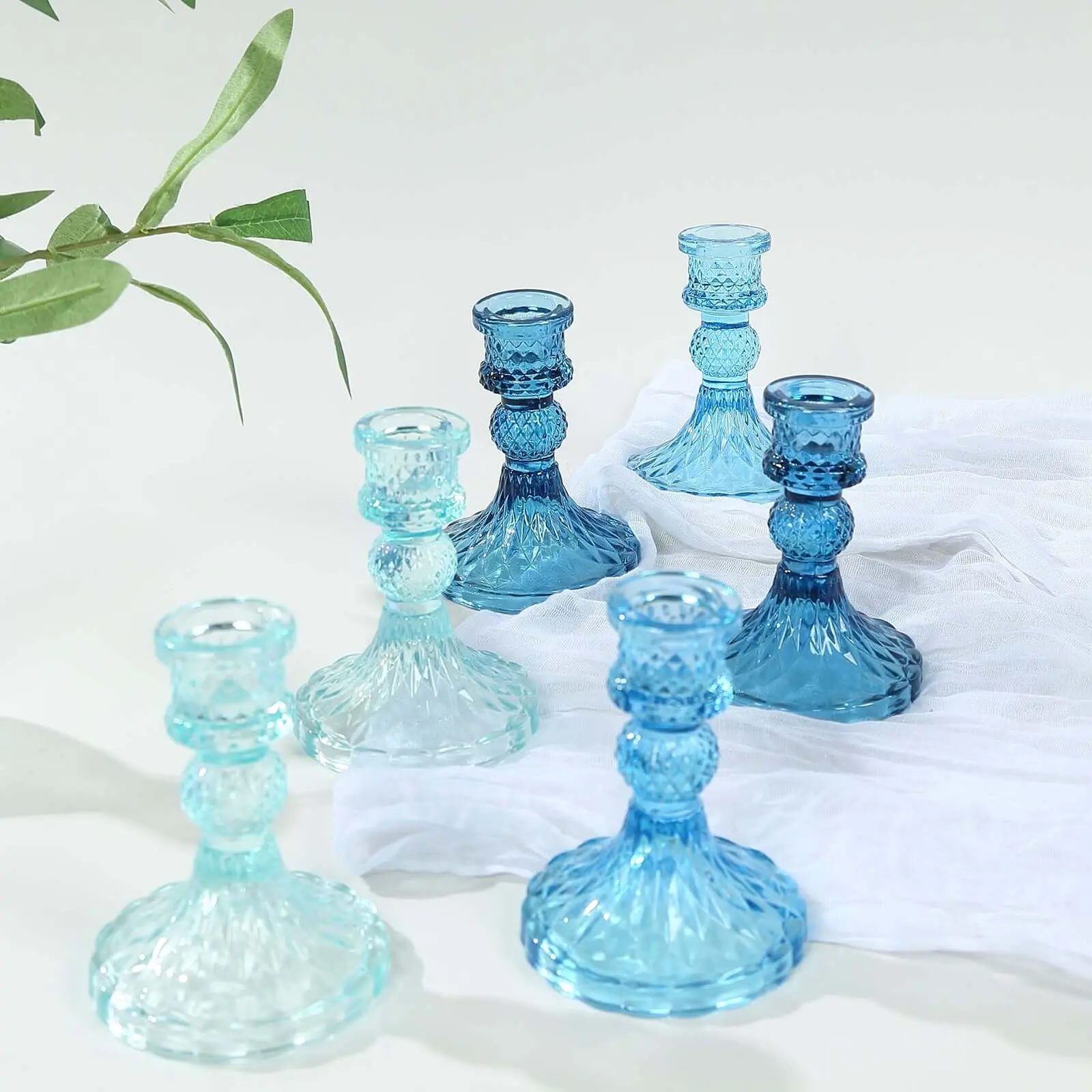6-Pack Colored Glass Taper Candlestick Holders - Diamond Pattern, Assorted Blue Reversible Crystal Votive Pillar Stands, 4" for Room Decor, Wedding Home Decor, Colored Glass Candleholder