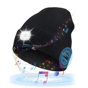Bluetooth Beanie Hat with Light, Unisex USB Rechargeable Wireless Beanie Cap LED Headlamp Hat Music Hat with Headphones, Christmas Birthday Gifts for Men & Women, Black