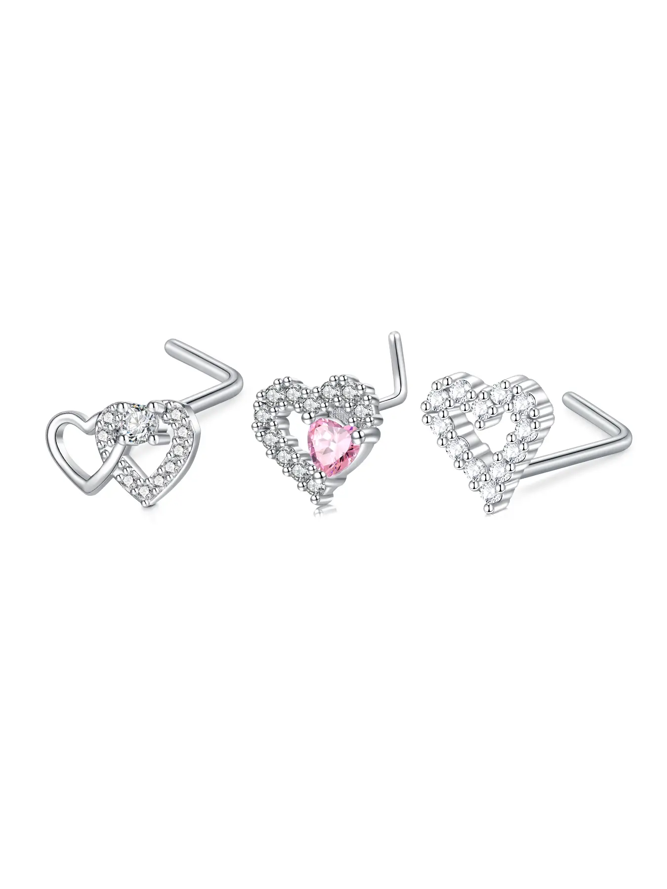Fashion Stainless Steel Zircon Heart Nose Stud, L-Shaped Design 20g Nose Ring for Women, Daily Wear Valentine Jewelry Gift, Nose Piercing Jewelry, Body Jewelry, Body Jewellery