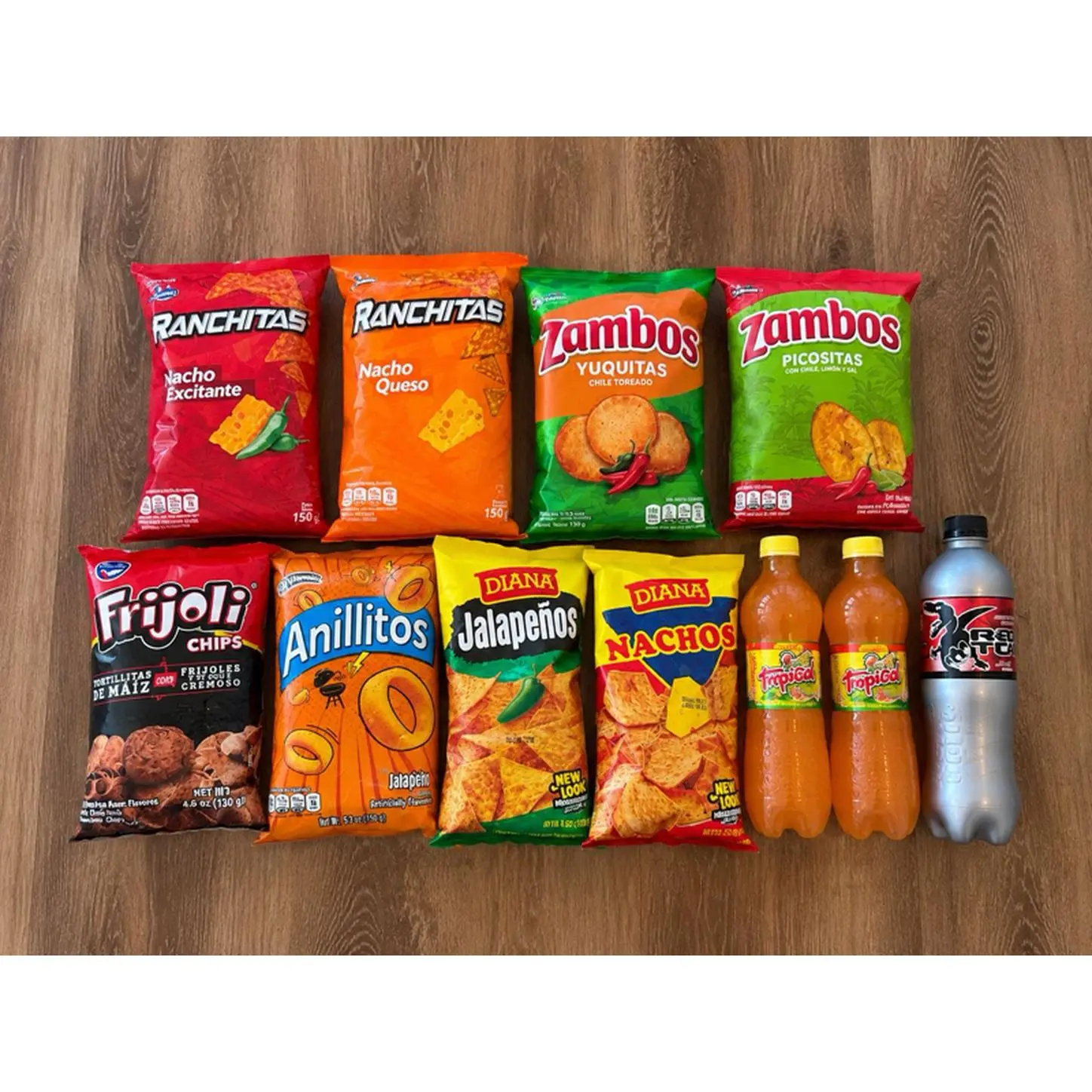 Ranchitas Nacho Excitante & Queso, Zambos Yuquitas & Picositas, Frijoli Chips, Anillitos, Jalapeños, Diana Nachos, and Beverages