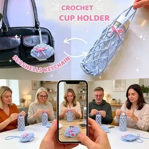 Summer Ocean Style Shell Hollow Cup Holder Bag Charm, DIY Crochet Starter Kit, Video Tutorial Included, Perfect Gift for All Ages