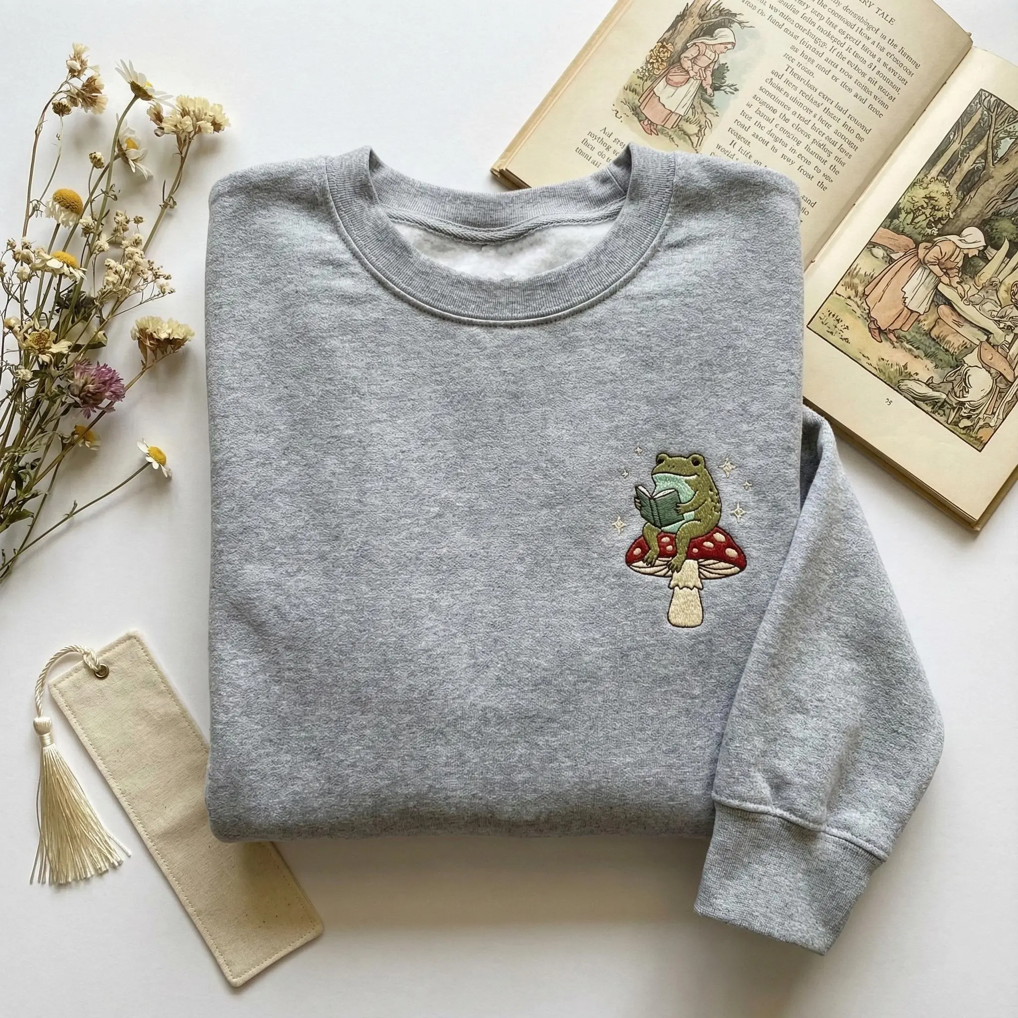 Embroidered Frog on Mushroom Sweatshirt, Cute Cottagecore Crewneck, Frog Reading Book Gift, Nature Aesthetic Tshirt