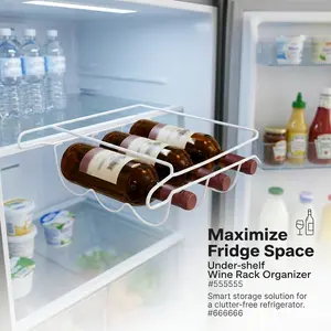 Universal refrigerator wine rack and bottle holder — 13×13″ heavy-duty metal wire drink storage organizer; space-saving under-shelf slide-on hanging fridge rack for wine, champagne, and water bottles, white