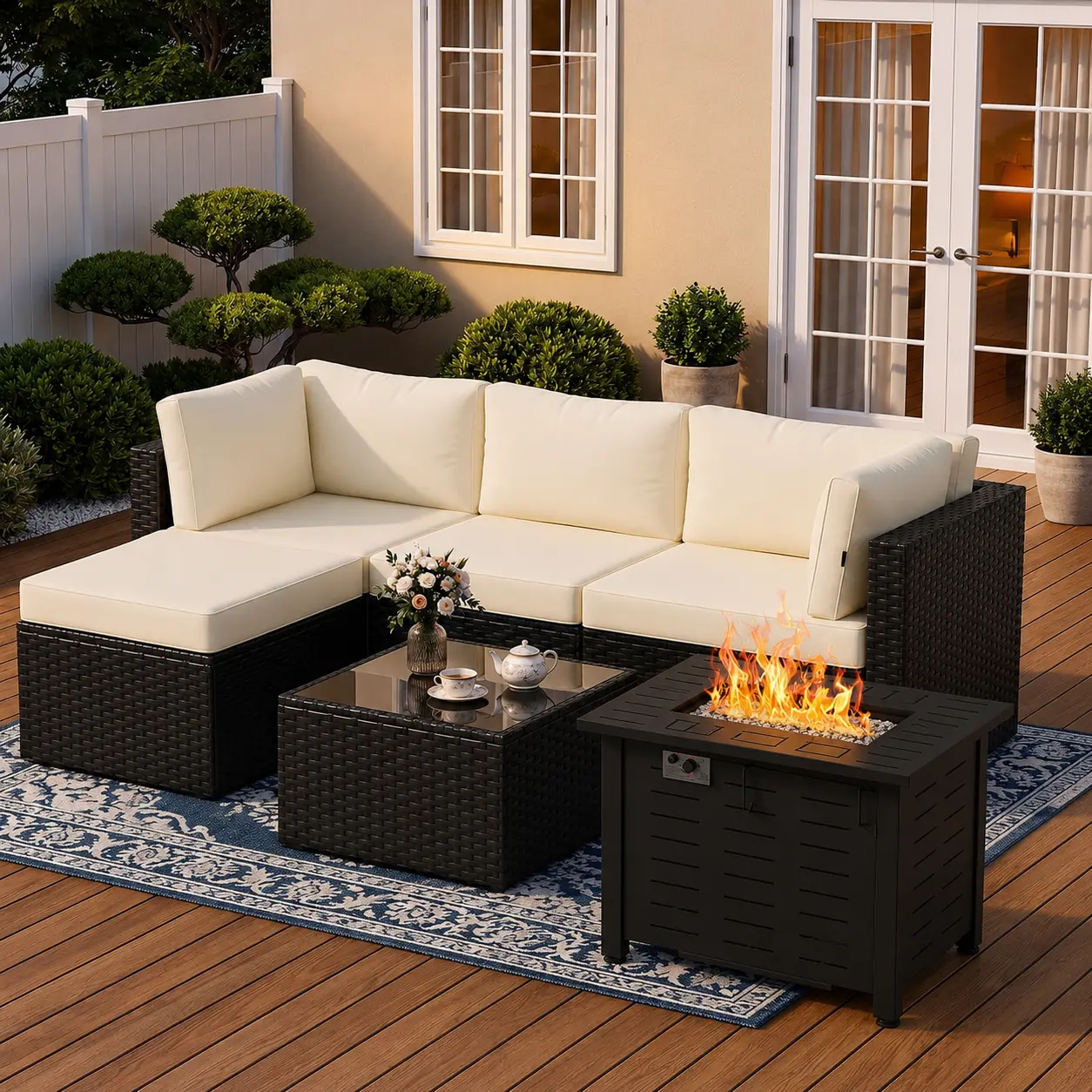 Patio Furniture Set, Aoxun 6-Piece Outdoor Sectional Sofa Set with Fire Pit Table, Wicker Patio Conversation Set with Cushions and Coffee Table for Backyard, Deck, Porch and Garden, Cream