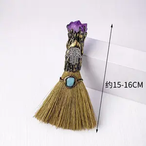 Witch Broom Halloween Prop, Vintage Wizard Decorative Broom, Natural Crystal Raw Stone Witch Broom, Home Bedroom Room Decoration Dust Cleaning Broom