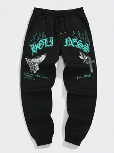 Men's Y2K Streetwear Graphic Joggers - Gothic Cross & Dove Print Sweatpants, Oversized Baggy Hip-Hop Trousers for Daily Street Style & Skateboarding Outfit, High-Quality Teal Flame "Holiness" Aesthetic Pants