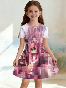 Trendy Girls' Idol Print Dress, Casual Short Sleeve Party, Perfect Birthday & Holiday Gift, Kids Fashion Apparel
