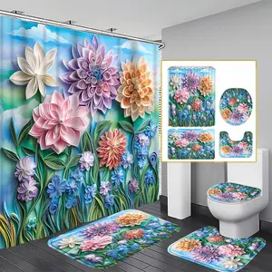 1/3/4PCS Paper Craft Relief Floral Landscape Shower Curtain, 71x71 Inches, Includes Background Pattern, Comes with 12 Hooks, 1/3/4pcs Set