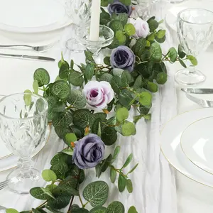 Artificial Eucalyptus Garland with Lavender Lilac/Purple Silk Roses – 6ft Faux Greenery Vine