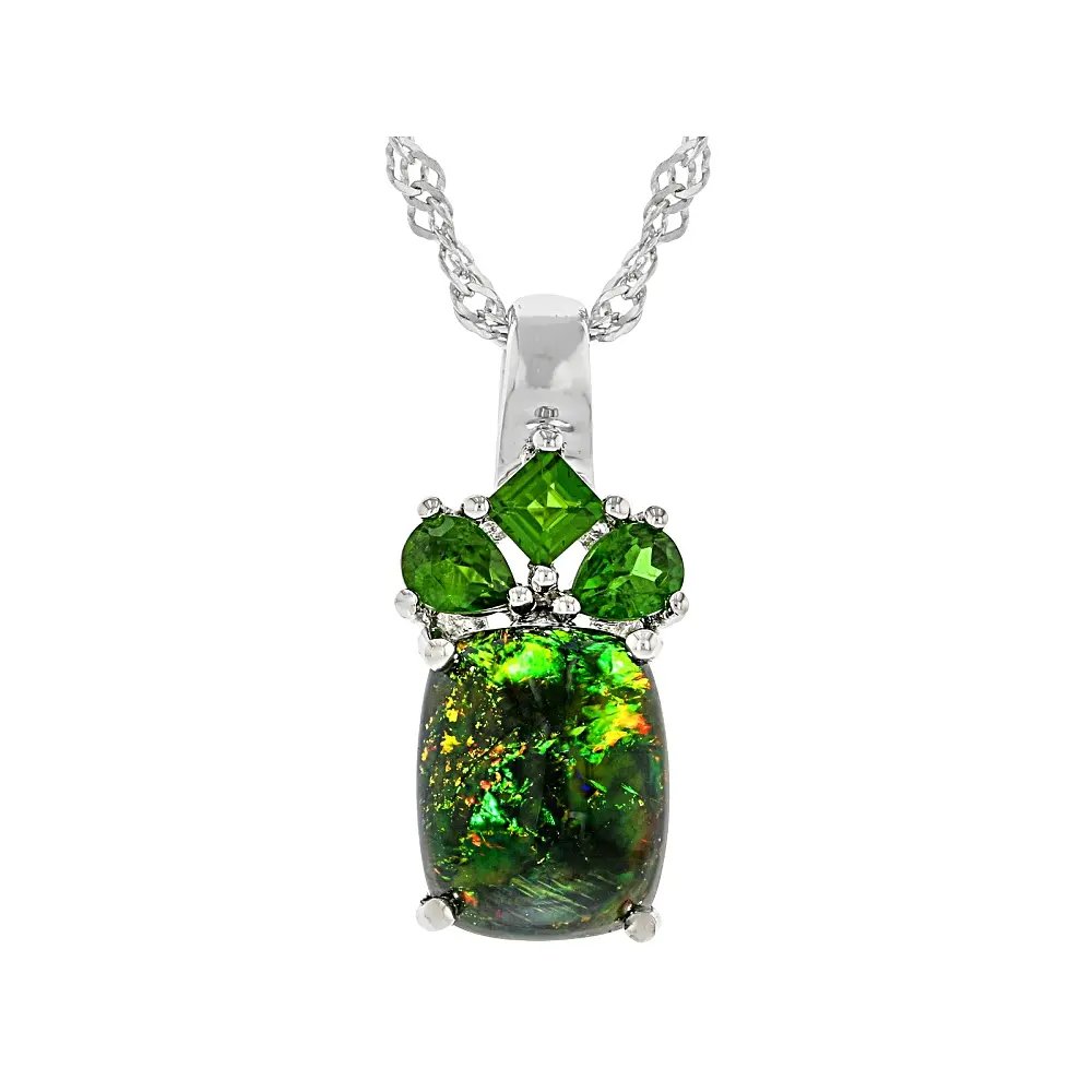 JTV Black Ethiopian Opal With Chrome Diopside Rhodium Over Sterling Silver Pendant with Chain 2.14ctw