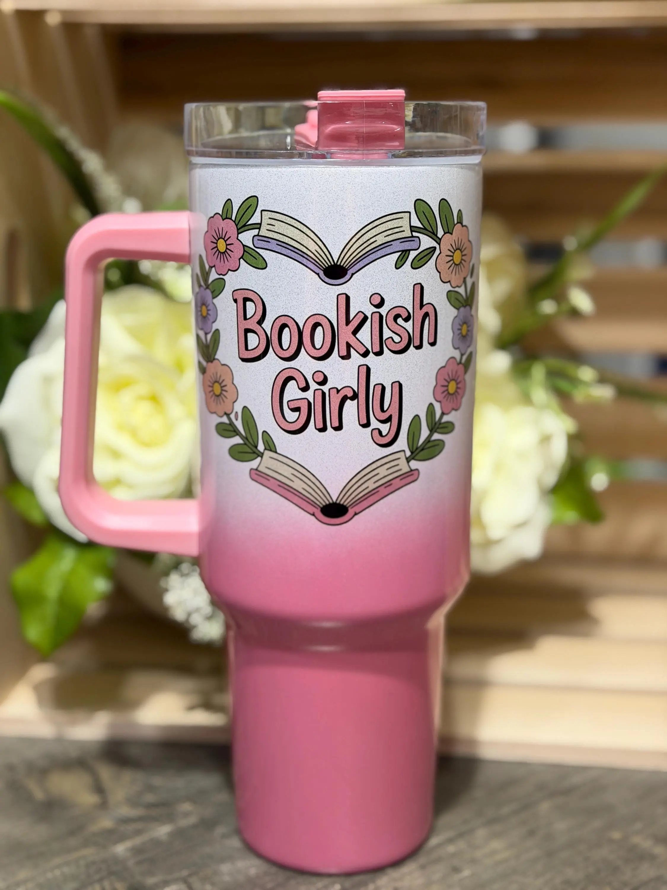 Pink Ombre Bookish Girly 40oz Tumbler | Book Lover Cup | Insulated Reading Tumbler | Floral Book Aesthetic Gift
