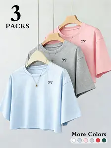 3-Pack Women's Cropped Tees, Crew Neck Drop Shoulder Design, Minimal Bow Print, Loose Fit, Multi-color Options, Casual Comfy Top, Perfect for Daily Wear, Y2K Outfits, Campus Commuting and Summer Casual.