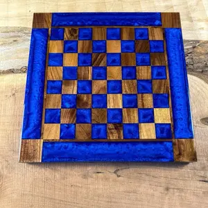 Black Walnut Deep Blue Chess Board Handmade with Pieces 16x16in Epoxy Resin Tabletop Game for Tournament Players