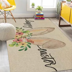 Rabbit & Flower Pattern Floor Mat, Non-slip Rectangle Home Decorative Carpet, Decorative Area Rug for Home Living Room Bedroom