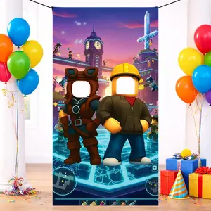 2D Flat Banner Door Cover, Video Game Birthday Decoration, Face Cutout Photo Background, Mining Player Party Decor, No Power Needed