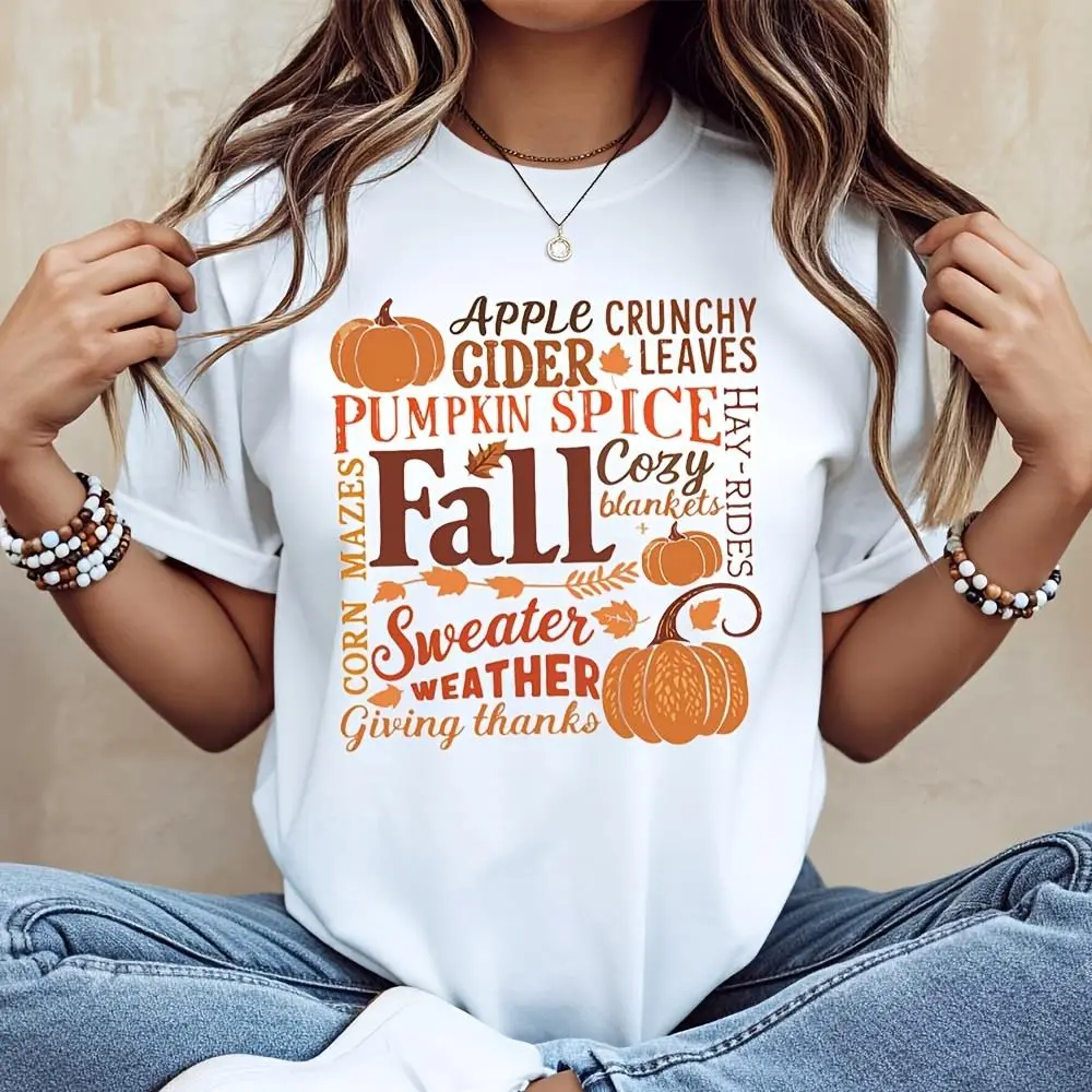 Fall Pumpkin Spice Apple Cider Typography Print, T-Shirt, Autumn Harvest Thanksgiving Festival Theme, Casual Daily Wear Outdoor