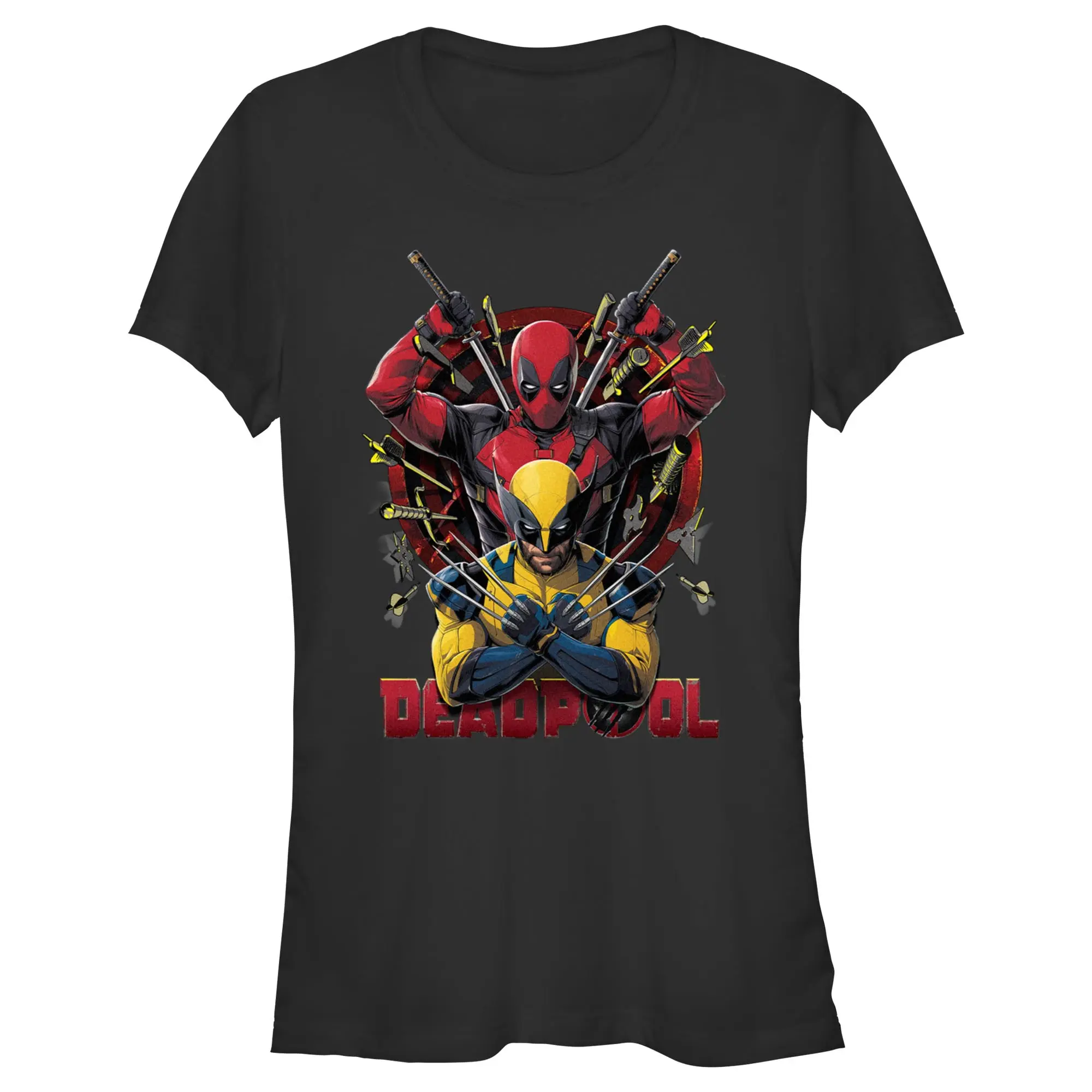 Women's Marvel Deadpool & Wolverine Classic Poses Logo Print Short Sleeve Crew Neck Regular Fit All Seasons T-Shirt for Juniors, Short Sleeve Tops