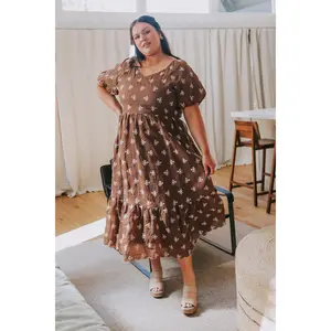 Women's Plus Size Boho Statement Maxi Dress - Comfy Casual Short Sleeve Women's Clothes with Embroidered Flowers, Elastic Tiered Bottom Skirt, and Pockets