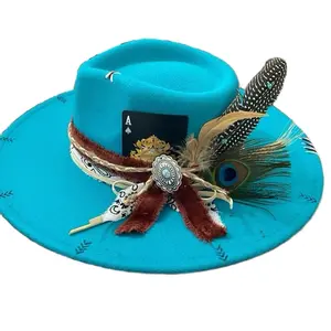 “Peacock” Turquoise Blue Felt Hat with hand burned details, with Feather Accents, Decorative Band, and Silver Detail