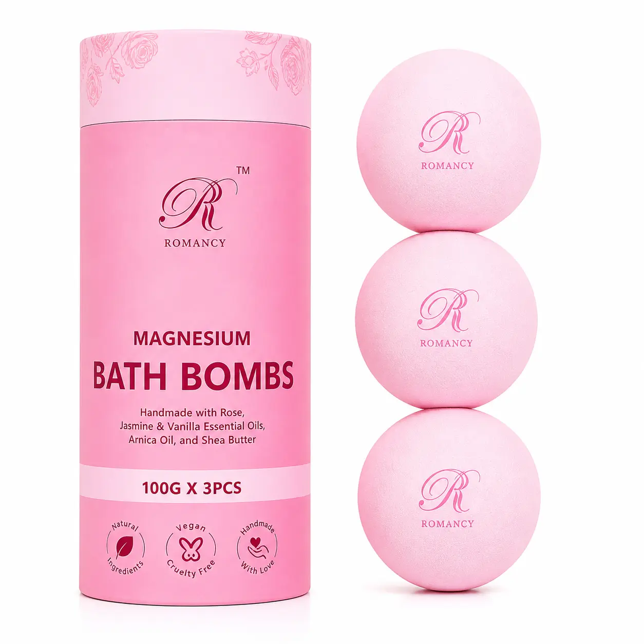 Rose Magnesium Bath Bombs 3 Pack - Epsom Salt Bath Bombs with Rose, Jasmine & Vanilla for Relaxation, Aromatherapy Bath Soak, Self Care Spa Gifts for Women | Romancy