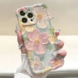 Colorful Retro Oil Painting case with Flower Pattern Cute Curly Wave Frame Phone Case for iPhone 16 Series Plus 11 12 13 14 15 16 Pro Max Plus Protection,It is the best gift to give to a friend.