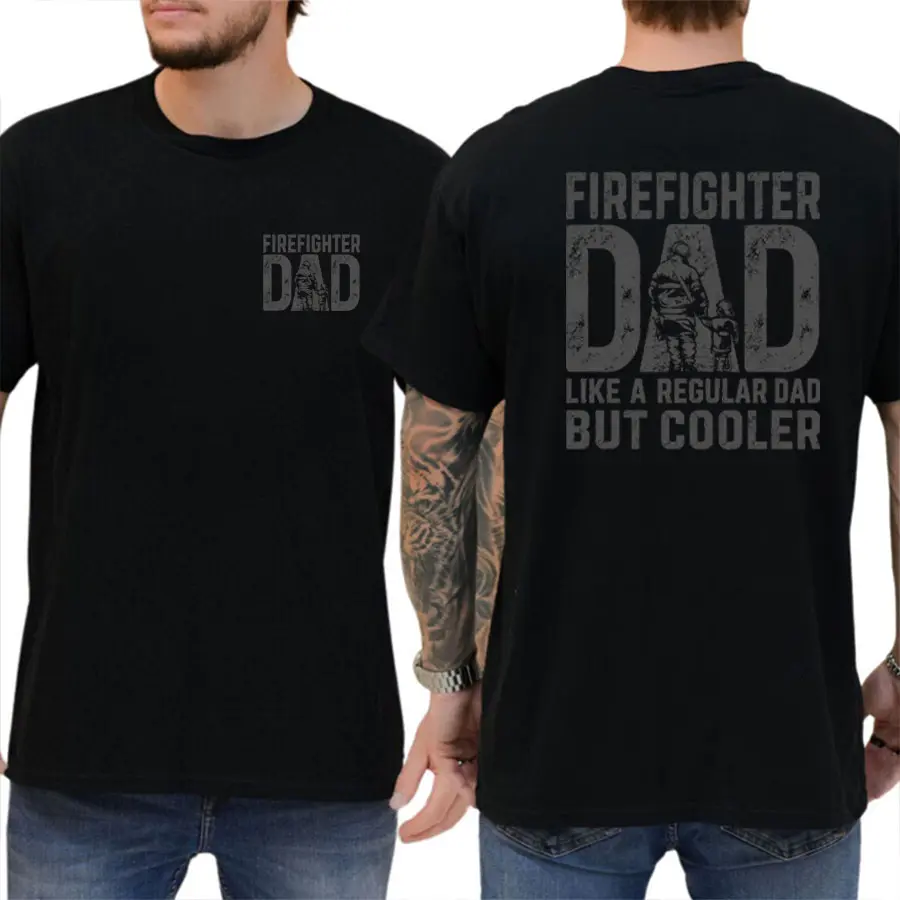 [100% Cotton] Firefighter Dad T-Shirt, Firefighter Dad Graphic Tee, Like A Regular Dad But Cooler Back Print Shirt, First Responder Fire Father Tee, Father’s Day Gift For Men