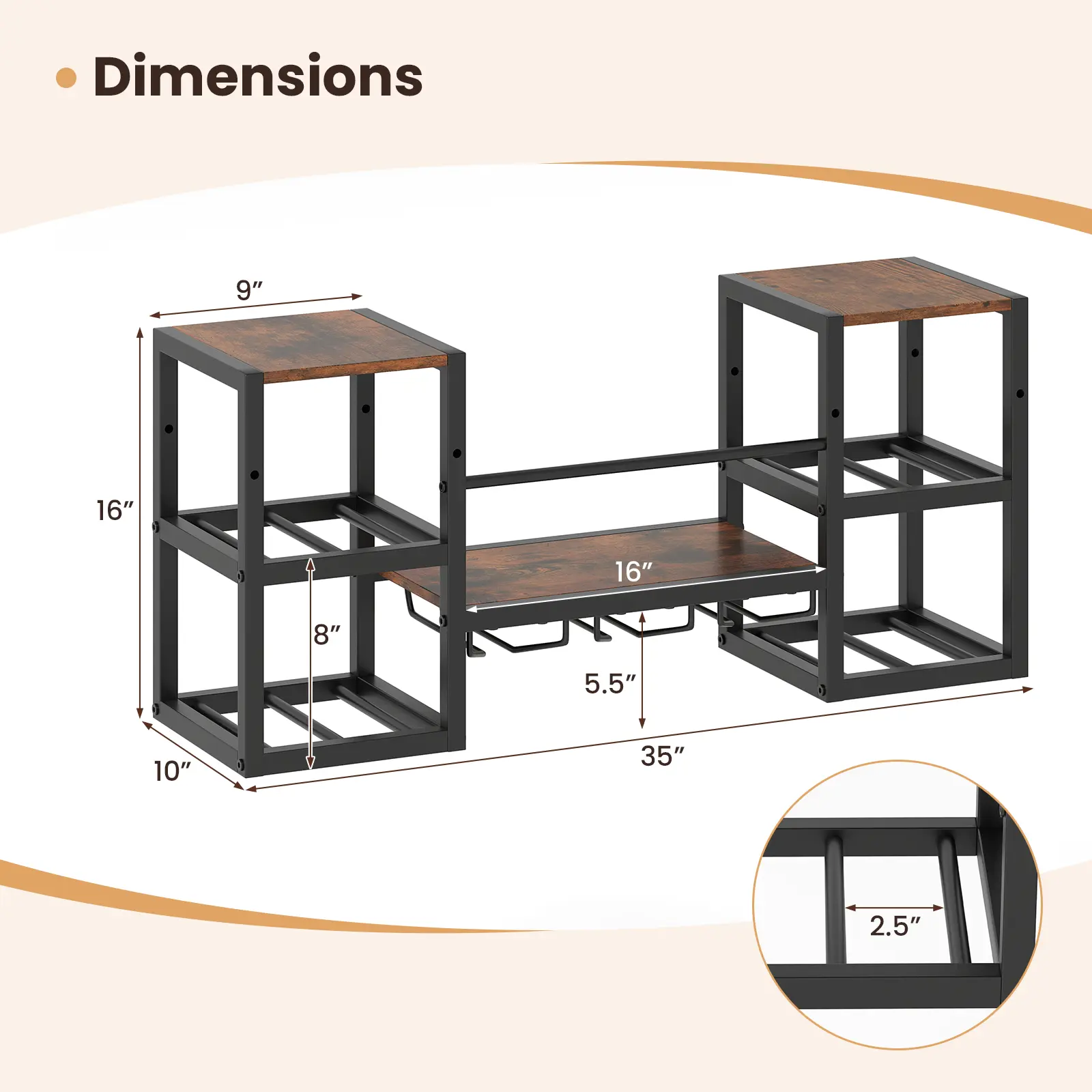 COSTWAY - Heavy-duty Wall Mounted Wine Rack with Glass Holder Metal Frame 8-Bottle Holder-Rustic Brown