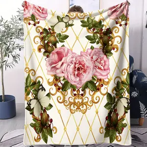 Luxury Baroque Pink Rose & Gold Scroll Throw Blanket, Super Soft Comfortable Warm Home Decor, Ideal Nap Blanket Gift for Family Friends