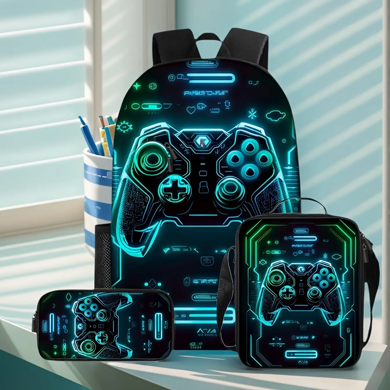 Student Backpack 3-Piece Set — Cool Esports-Style Backpack (Includes Lunch Bag and Pencil Case) — Suitable for Elementary, Middle, and High School Students