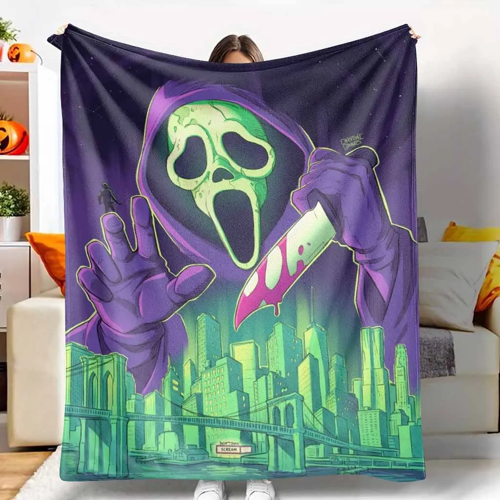 Neon Ghost Villain Flannel Fleece Throw Blanket Dramatic City Skyline Art Pattern Super Soft Lightweight Breathable Warmth Perfect for Living Room Couch Sofa Bed Movie Night Holiday Gift.