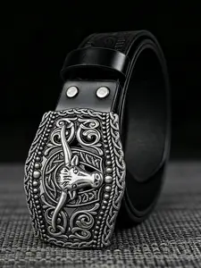 Bohemian style, hollow out design bottom plate alloy buckle belt, 3.7cm/1.46in wide personalized trendy embossed belt, unisex, western-style fashionable belt, Western Concho Belts