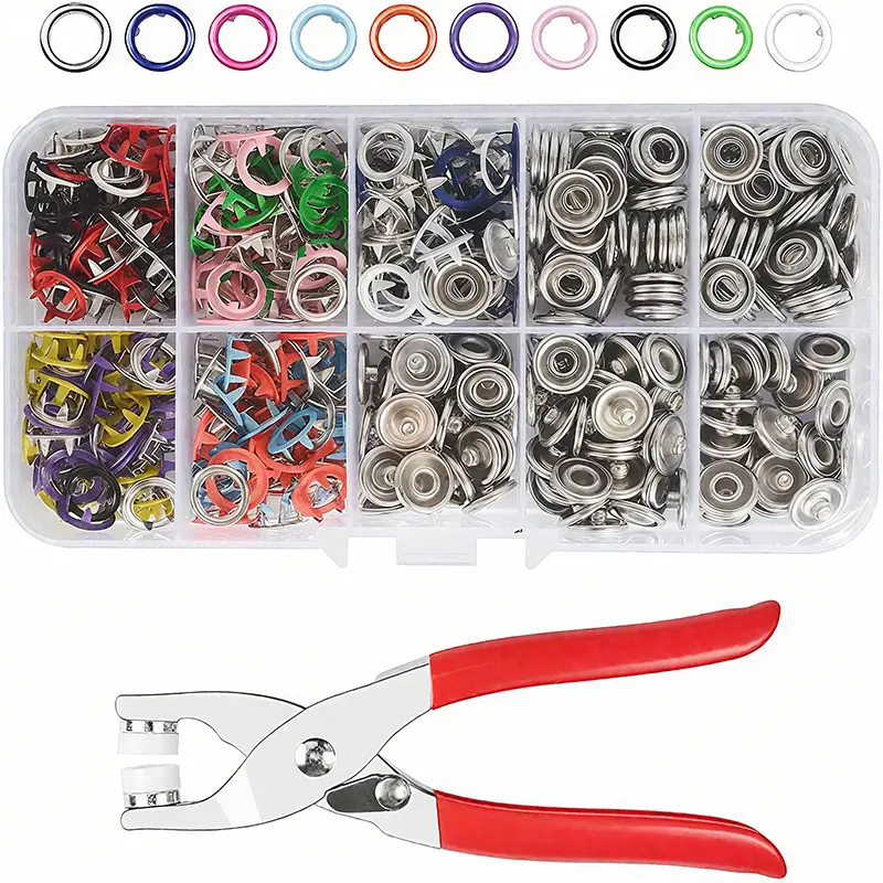 200set Claw Button Kit,9.5mm Snap Fasteners Kit with Pliers-Suitable for fabrics with a thickness of 1-3 cm,Metal Snaps Kit with Tool,Five Claw Buckle Tool Set,seam-free nail button,hand press snap button,tool snap button,fastener plier