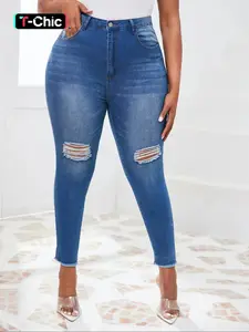 Plus Size Women's Ripped Raw Hem High Waist Skinny Jeans, Going Out Outfits, Button Pocket Denim Pants for Daily Outdoor Wear