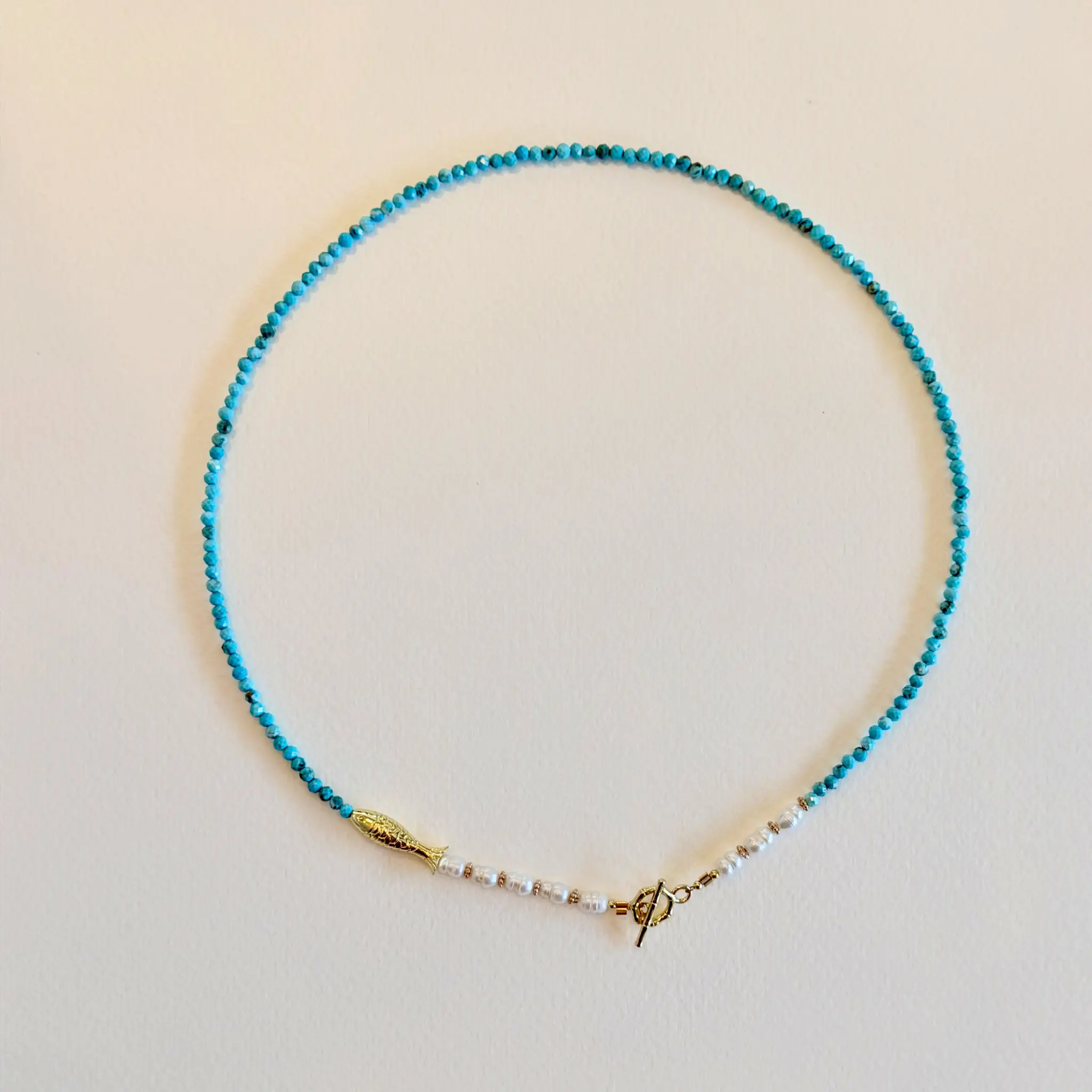 Little Catch Turquoise Faceted Gemstone & Pearl Necklace - 16 in Unisex Lightweight Coastal Jewelry with Bamboo Toggle Clasp, Ideal for Beach Days (Note: Choking Hazard Small Parts)