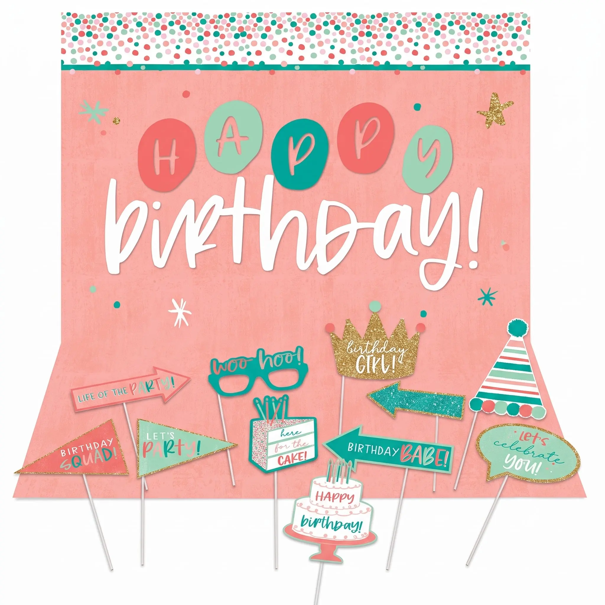 "Happy Cake Day" Birthday Scene Setter with Fun Photo Booth Props