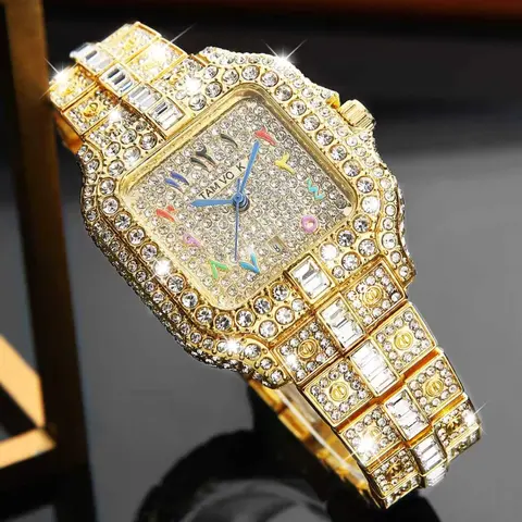 A unisex, affordable luxury watch, Fashionable party watch featuring a full diamond strap and a square dial entirely set with diamonds, with unique numeric hour markers, perfect for everyday wear, special occasions, or as a gift