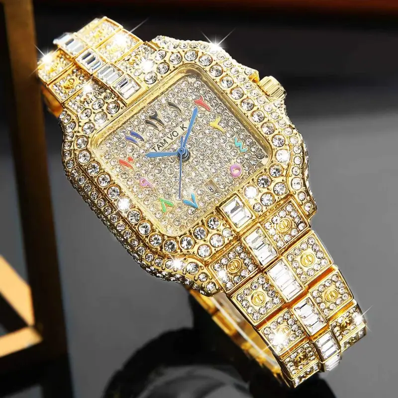A unisex, affordable luxury watch, Fashionable party watch featuring a full diamond strap and a square dial entirely set with diamonds, with unique numeric hour markers, perfect for everyday wear, special occasions, or as a gift