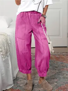 KCGH New Basic Plus Size Jeans for Women, Solid Elastic Waist Loose Fit Denim Jeans with Pockets, Casual Comfortable Daily Wear Pants