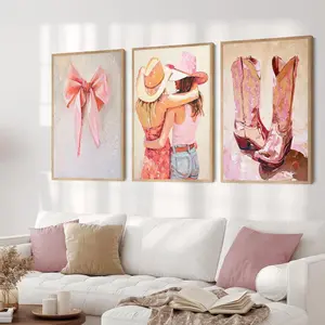 3pcs/set Frameless Pink Style Art Poster Cowgirl Hat Disco Ball Dessert Trendy Travel Bow Canvas Painting Wall Prints Picture Dorm Home Decor