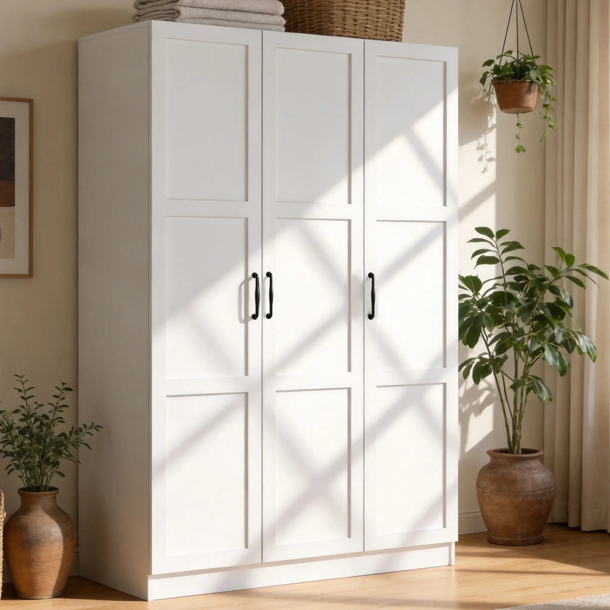 White & Black 3-Door Sturdy Wood Wardrobe Closet - Large-Capacity Bedroom Armoire with Hanging Rod, Adjustable Shelves, Closet Storage, Above 25 kg, Assembly Required Space-Saving Home Cabinet